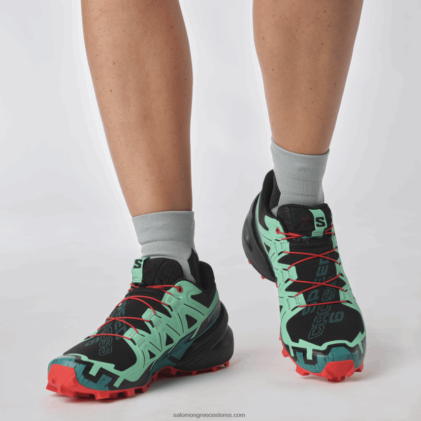 γυναικεία παπούτσια τρεξίματος - speedcross 6 Salomon μαύρο/βισκαϊκό πράσινο/φλογερό κόκκινο DXFPHB1503