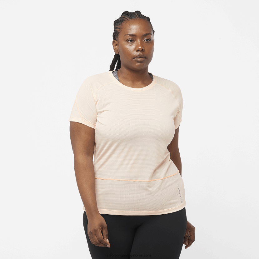 γυναικείο κοντομάνικο μπλουζάκι - σταυρωτό τρέξιμο Salomon κρεμ μαύρισμα/ρεκί DXFPHB878