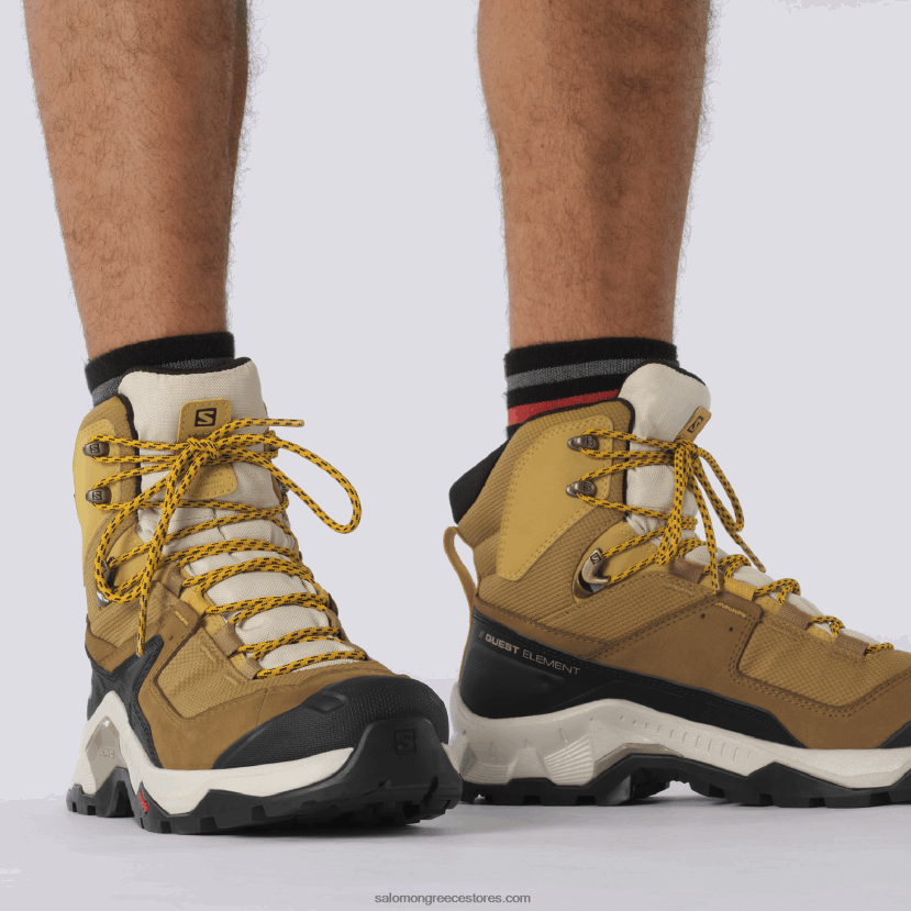 ανδρικές δερμάτινες μπότες πεζοπορίας - quest στοιχείο gore-tex Salomon κύμινο/λευκασμένη άμμος/σαφράν DXFPHB50